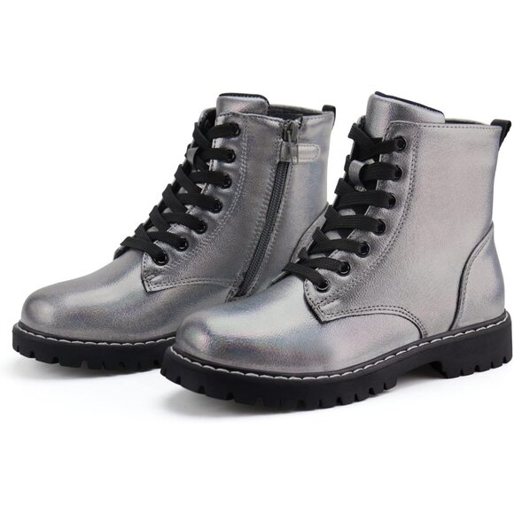 Kids Grey Ankle Boots Boys Girls Side Zipper Lace Up Work Boots Combat Boots - Picture 7 of 7